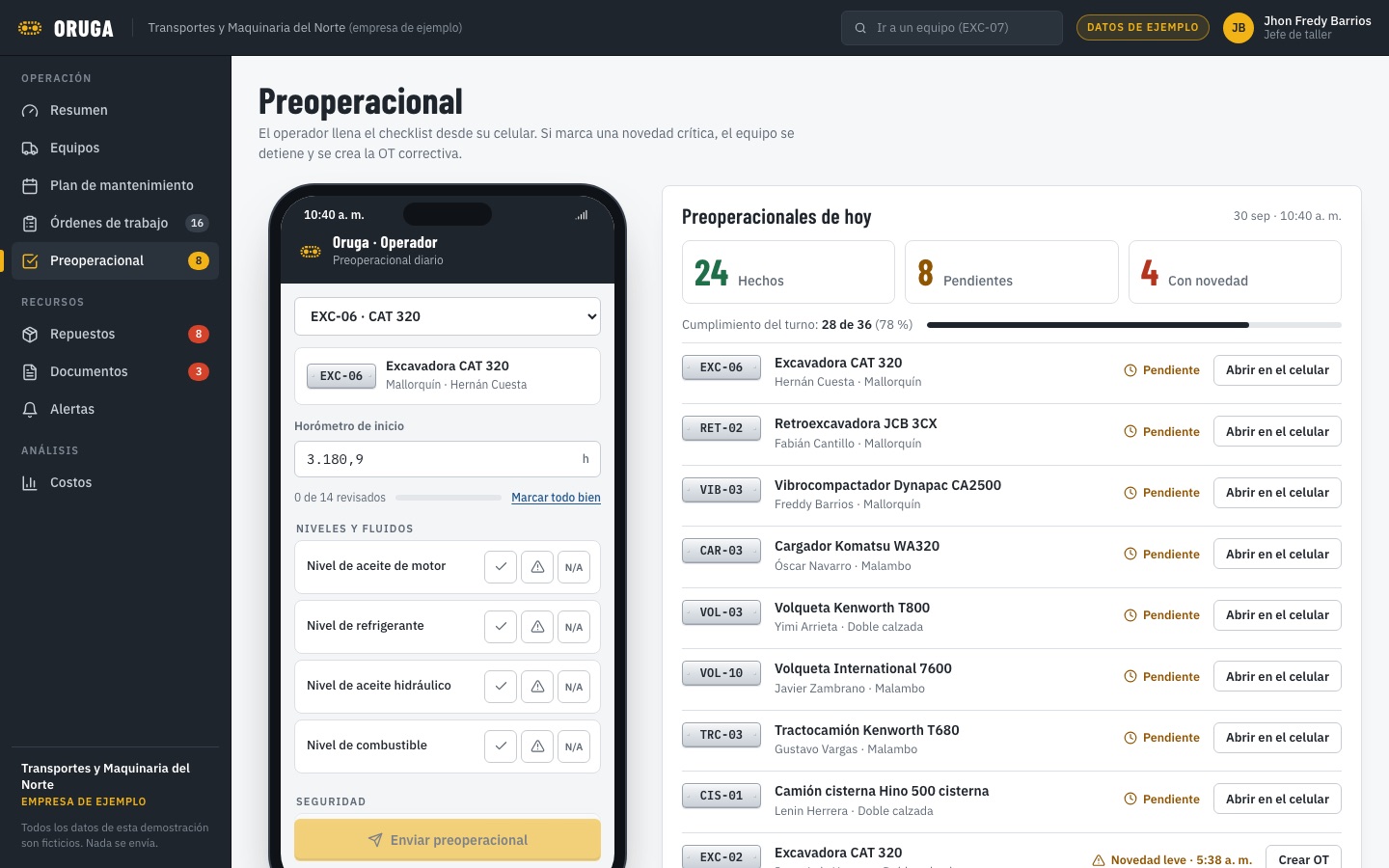 Formulario preoperacional de Oruga que el operador llena desde el celular.